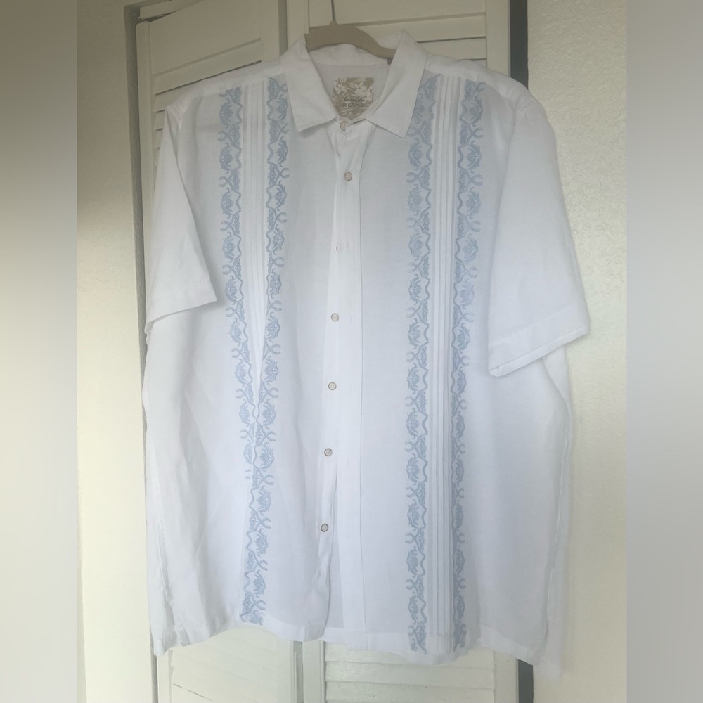 Havana Nights Mens White Linen Shirt with Blue Pattern size XL